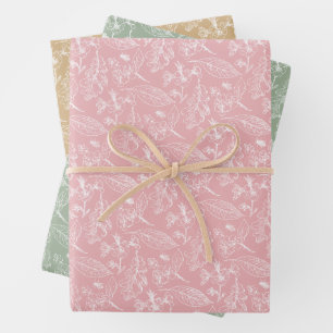 Blumenblatt-Kunstmuster auf rosa Salbei Grün Beige Geschenkpapier Set