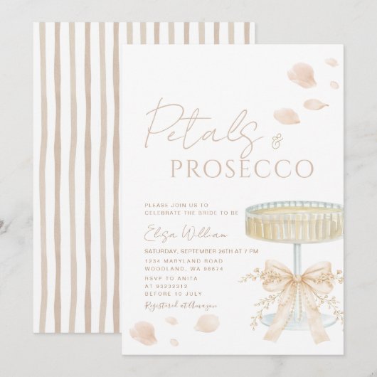 Blumenblätter und Prosecco Elfenbogen-Junggesellin Einladung (Vorne/Hinten)
