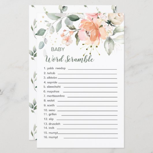 Blumenblätterblatt Baby Word Scramble Game Paper (Vorne/Hinten)