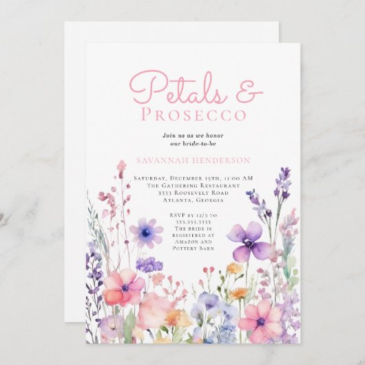 Blumenblättern und Prosecco-Brautparty Einladung (Vorne/Hinten)