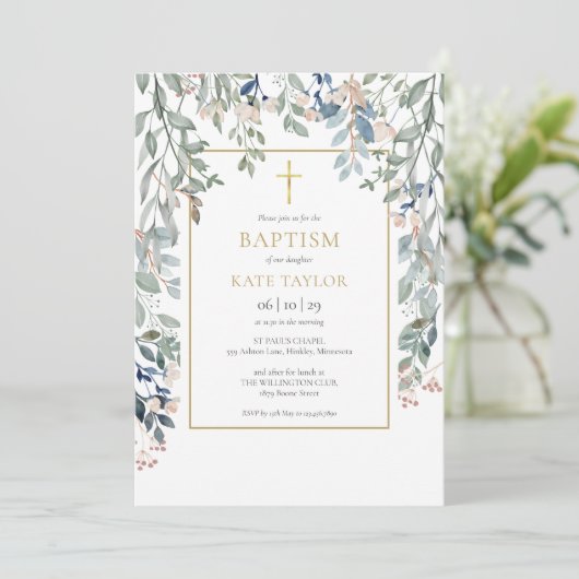 Blumenblätterung Elegante Gold Taufe Christening Einladung (Stehend Vorderseite)