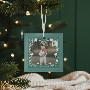 Blumenblätterung Elegantes grünes Foto Name Keepak Ornament Aus Glas