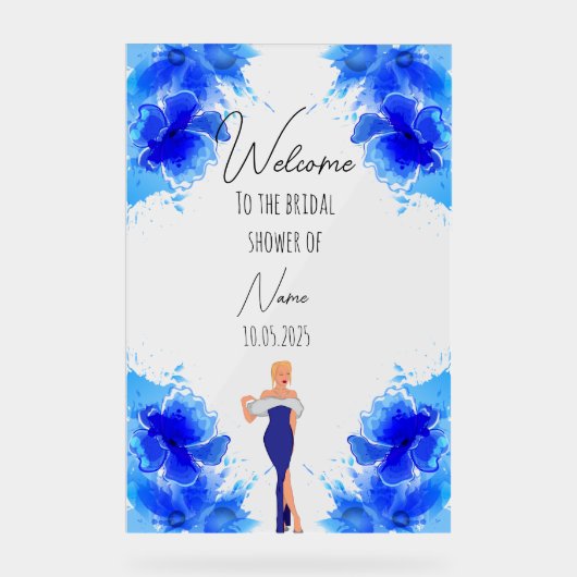 Blumenblau-Acryl-Brautparty Acrylschild (Vorderseite)