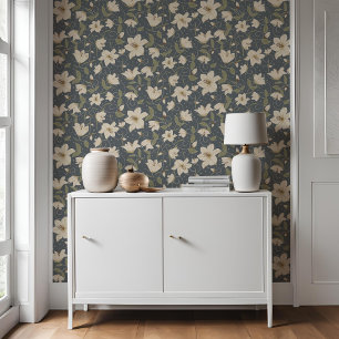 Blumenblau, Beige Lilly Botanisches Muster Tapete