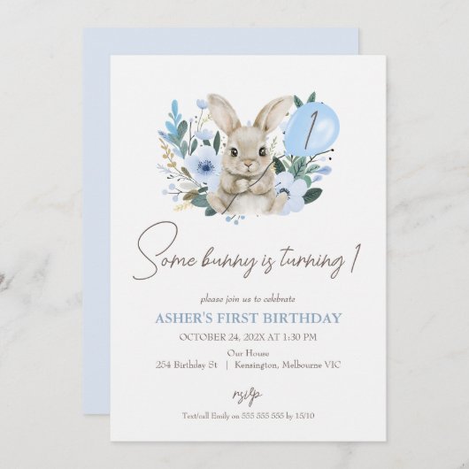 Blumenblau, ein Sonnenschein macht einen 1. Geburt Einladung (Vorne/Hinten)