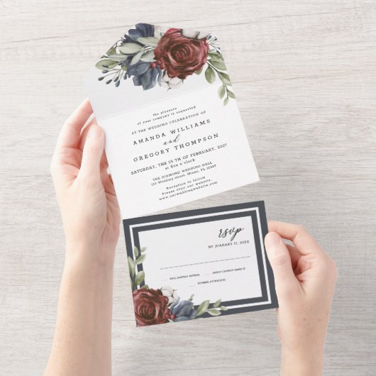 Blumenblau | Elegante Hochzeit All In One Einladung (Abreißen)