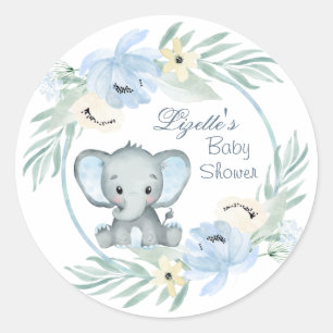 Blumenblau Elephant Baby Dusche Runder Aufkleber