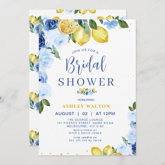Blumenblau Gelbgelbe Lemon Themed Brautparty Einladung (Vorne/Hinten)