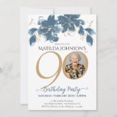 Blumenblau Gold Custom Foto 90. Geburtstag Einladung (Vorderseite)