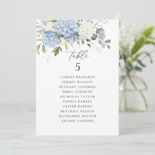 Blumenblau-Hydrangea-Tischkarte Einladung (Stehend Vorderseite)