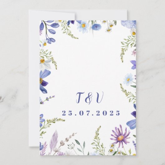 Blumenblau, lila, Grün Moderne Hochzeit Einladung (Rückseite)