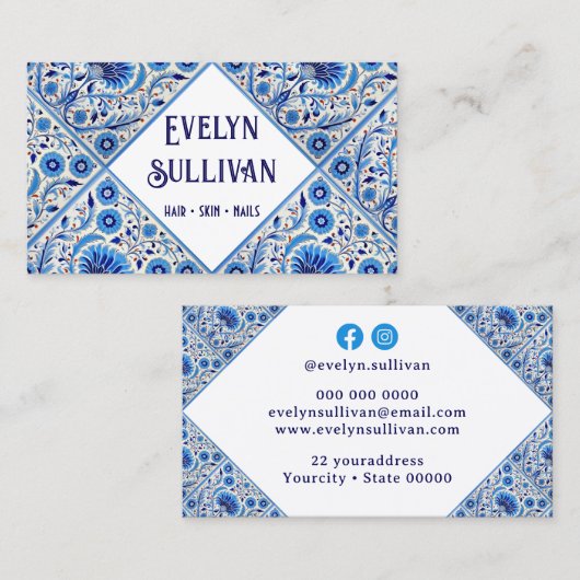 Blumenblau, mediterrane Fliesen - Visitenkarte (Vorne/Hinten)