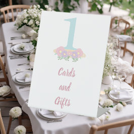 Blumenblau, rosa Pastellfarben 1. Geburtstag Party Sockelschild