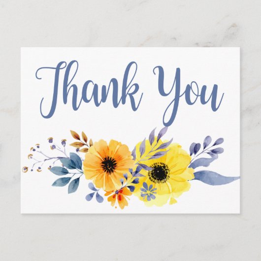 Blumenblau Vielen Dank Yellow Watercolor Blume Postkarte (Vorderseite)