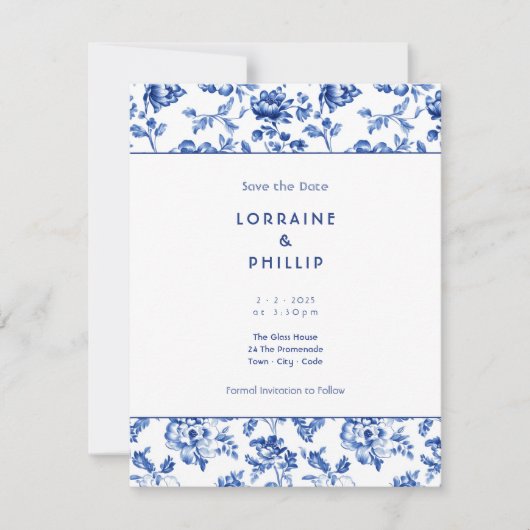 Blumenblau - Vintager Stil Save The Date (Vorderseite)