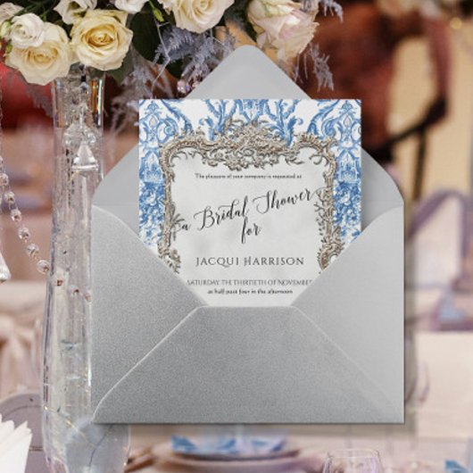 Blumenblau Weiß Vintag Silber Brautparty Einladung