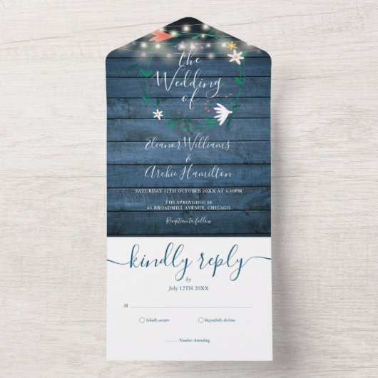Blumenblaue, rustikale Holzwinger-Hochzeit All In One Einladung (Innen Boden)