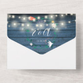 Blumenblaue, rustikale Holzwinger-Hochzeit All In One Einladung (Rückseite)