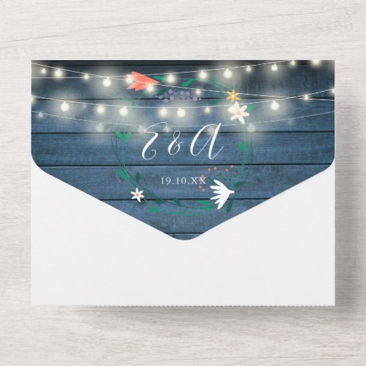 Blumenblaue, rustikale Holzwinger-Hochzeit All In One Einladung (Rückseite)