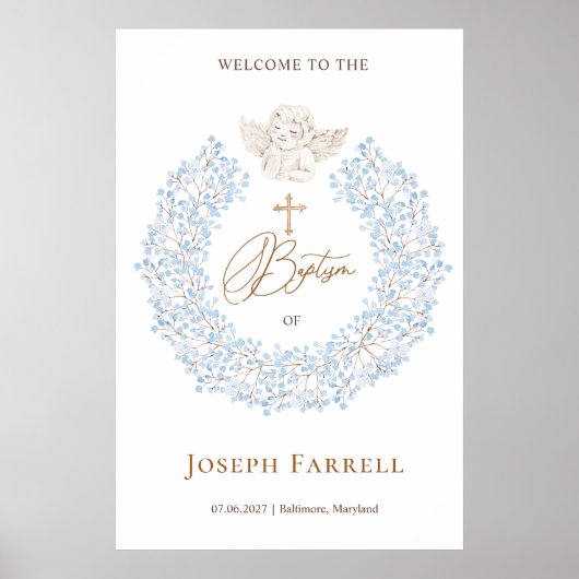 Blumenblauer Baby Angel Cross Taufe Poster (Vorne)