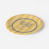 Blumenblauer Botanischer Gelbstreifen Hochzeit Pappteller (Schrägansicht)