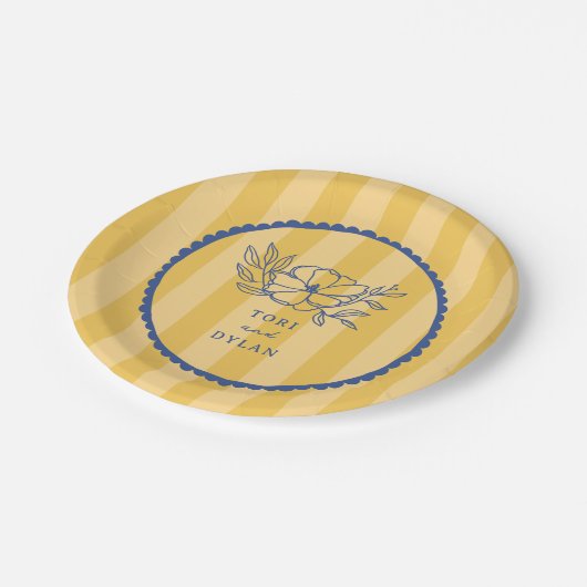 Blumenblauer Botanischer Gelbstreifen Hochzeit Pappteller (Schrägansicht)