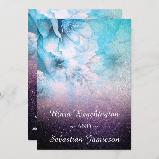 *~* Blumenblauer Glitzer Hochzeit mit Lila Wasserf Einladung (Vorne/Hinten)