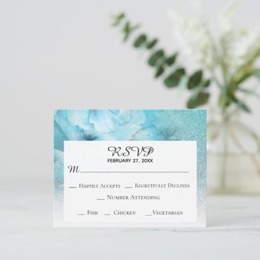 *~* Blumenblauer Glitzer Hochzeit mit Lila Wasserf RSVP Karte (Stehend Vorderseite)