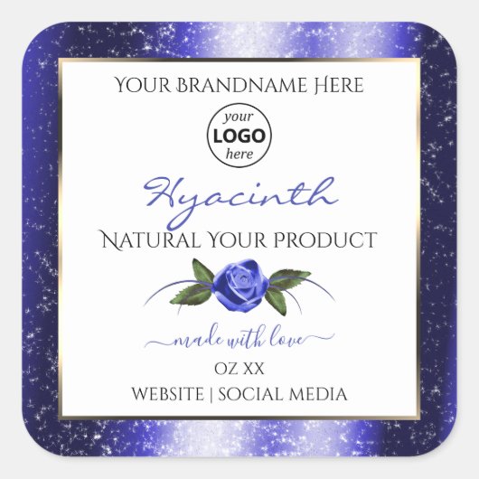 Blumenblauer Glitzer-Label-Logo Quadratischer Aufkleber (Vorderseite)
