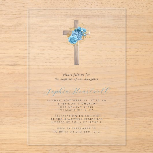 Blumenblauer Goldkreuztritt Acryleinladungen (Vorderseite)