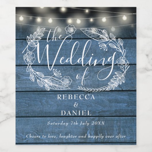 Blumenblauer Hochzeitsholz Weinetikett (Einzelnes Label)