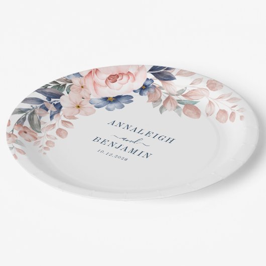 Blumenblauer Hochzeitstag Pappteller (Schrägansicht)