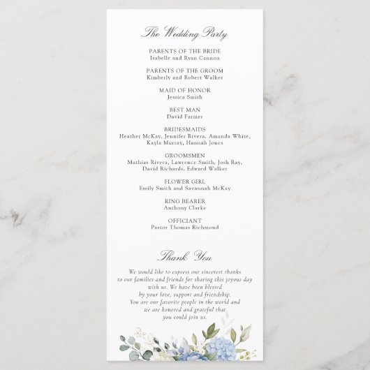 Blumenblauer Hydrangea Grüne Hochzeitsprogramm Programm (Rückseite)