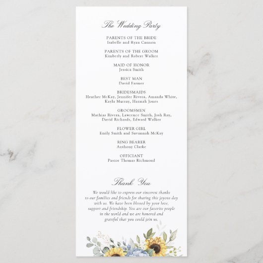 Blumenblauer Hydrangea Sonnenblumen Hochzeitsprogr Programm (Rückseite)