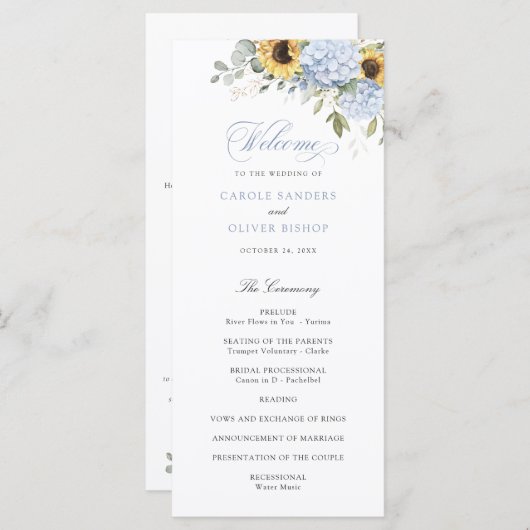 Blumenblauer Hydrangea Sonnenblumen Hochzeitsprogr Programm (Vorne/Hinten)