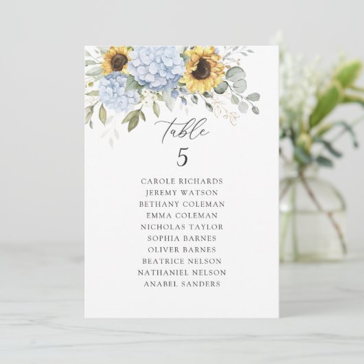 Blumenblauer Hydrangea Sonnenblumen Sitzplan Einladung (Stehend Vorderseite)
