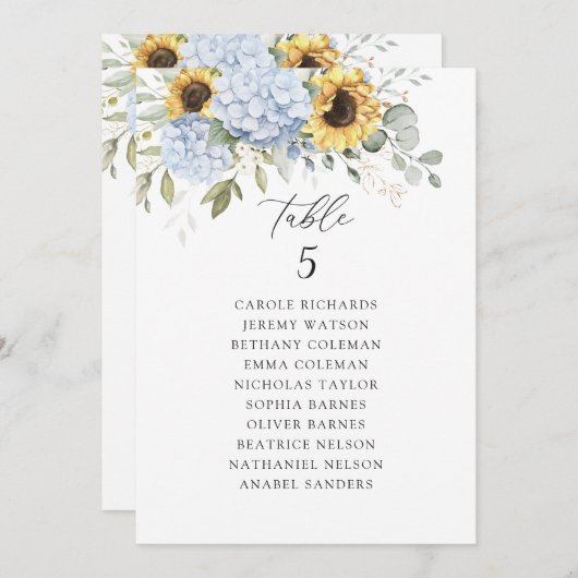 Blumenblauer Hydrangea Sonnenblumen Sitzplan Einladung (Vorne/Hinten)