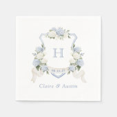 Blumenblauer Hydrangea-Wappen Hochzeitmonogramm Serviette (Vorderseite)