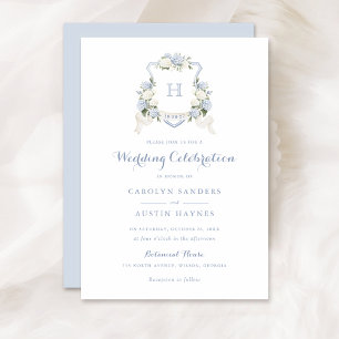 Blumenblauer Hydrangea-Wappen Monogram-Hochzeit Einladung
