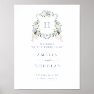 Blumenblauer Hydrangea-Wappen Monogramm Begrüßungs Poster
