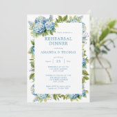 Blumenblauer Hydrangeas Hochzeitsessen Probe Einladung (Stehend Vorderseite)