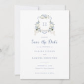Blumenblauer Hydrangee-Wappen-Monogramm Save the D Einladung (Vorderseite)