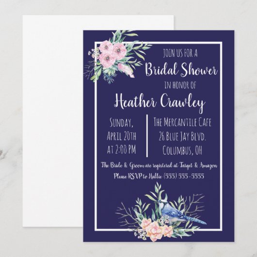 Blumenblauer Jay Bridal Dusche Einladung (Vorne/Hinten)