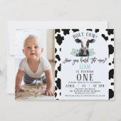 Blumenblauer Kuh Foto Heilige Kuh 1. Geburtstag Einladung (Vorderseite)