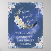 Blumenblauer Mond Babydusche Begrüßungsschild Poster (Vorne)