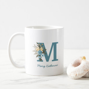 Blumenblauer Monogramm Personalisierter Kaffee Tas Kaffeetasse