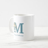 Blumenblauer Monogramm Personalisierter Kaffee Tas Kaffeetasse (Vorderseite Links)