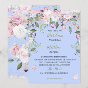 Blumenblauer Periwinkle Gold Pink Hochzeit Einladung