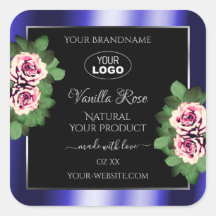 Blumenblauer Produktetikett Rosa Rosen Logo Quadratischer Aufkleber