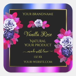 Blumenblauer Rose Rosa Lila schwarze Produktkennze Quadratischer Aufkleber